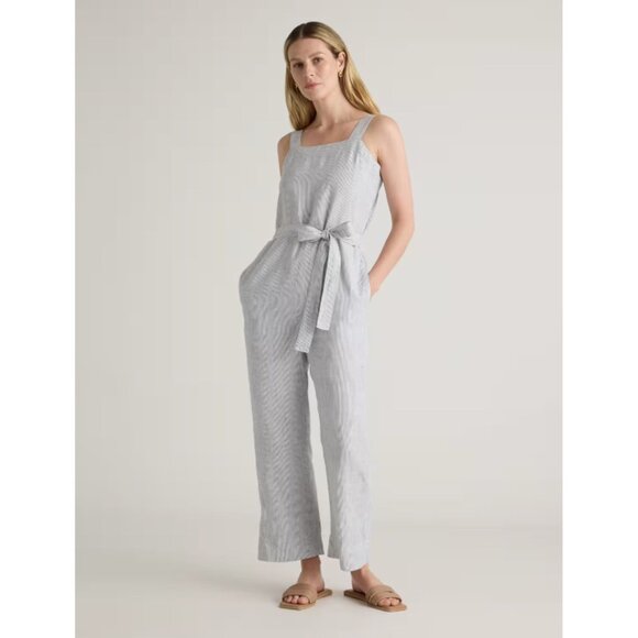 Quince Blue Pinstripe Linen Square Neck Jumpsuit Size Medium 26666 - Picture 4 of 16